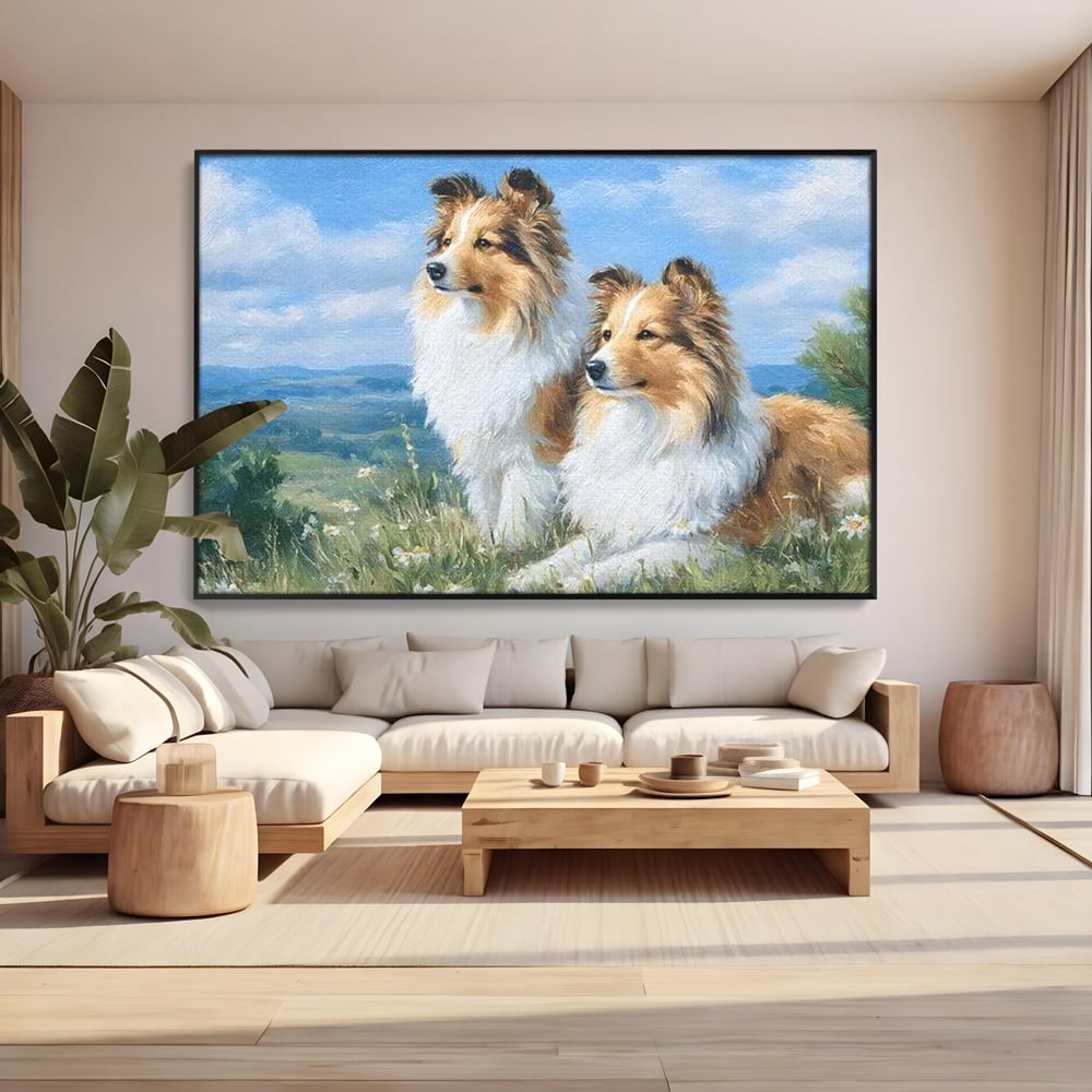 Tablou canvas cu tablou canvas cu doi caini ciobanesti pe un deal, in rama de aluminiu negru, pe perete intr-un living